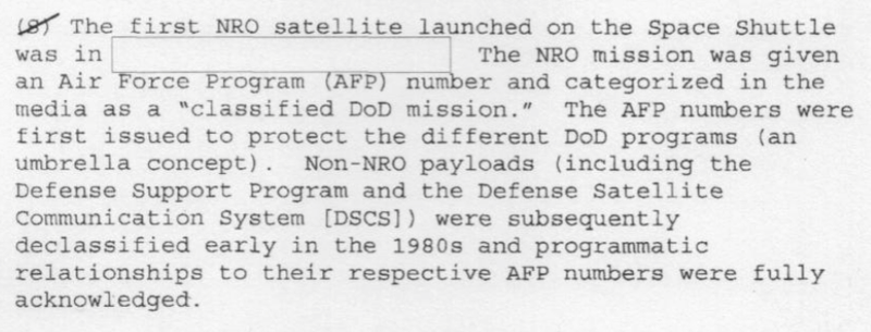 Excerpt from a newly declassified document titled Declassifying the ‘Fact of’ the NRO’s Use of the Space Shuttle as a Launch Vehicle (National Reconnaissance Office/FOIA)